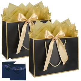 FayrVind 2 Pack 28x20x10CM Bow Handles Black Gold Gift Bags with Tissue Papers ＆ Greeting Cards for Wedding Bridesmaid Birthday Shopping Celebration Christmas Fathers Mothers Day