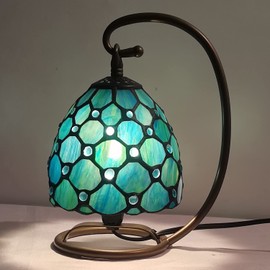 ZJART Small Tiffany Lamp Stained Glass Table Lamp 8X6X10 Inch Mini Accent Memory Sympathy Antique Night Light for Bedroom Living Room (Sea Blue Pearl)