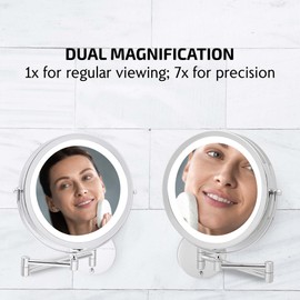 OVENTE 9" Lighted Wall Mount Makeup Mirror with 1X/7X Magnification, Cordless Double Sided Magnifying Round Vanity Mirror, 360° Swivel Design, Extendable and Folding Arm, Polished Chrome MFW85CH1X7X