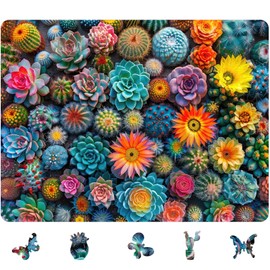 Puzzles for Adults Cactus World Wooden Puzzles, 500 Pieces Unique Shaped Succulent Jigsaw Puzzles, Birthday for Adults and Kids, Fun Challenge Family Game 18.3'' x 13.7''