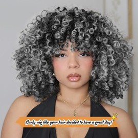 quesdom Short Curly Wigs Ombre Gray Afro Curly Soft Hair Wig Synthetic Fiber Kinky African American Wig with Bangs for Black Women(T2-0906, Ombre Gray)