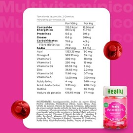Multivitamínico para Mujer Con Ácido Hialurónico, Omega-3 y Vitaminas A, B, C, E - Gomitas Sabor Fresa y Granada - 36 porciones - Sin Azúcar y Sin Glu