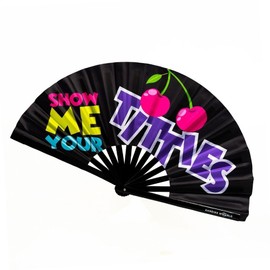 Kandies World Custom Festival Folding Hand Fan - Unique Designs, Made of Bamboo, Clacking Sound, Lightweight - Perfect Rave and Festival Accessory!… (Show Me Your Titties)