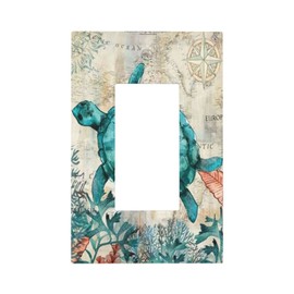 Nautical Blue Sea Turtles 1-Gang Outlet Decorator/Rocker Light Switch Cover Decorative Single Decora GFCI Wall Plate Wild Life Marine Starfish Seaweed Conch Summer Tropical Electrical Switch Faceplate