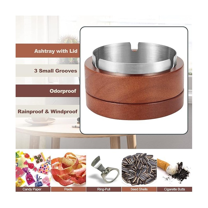 Wooden Ashtray With Stainless Steel Inner Box - Flameproof, Circular