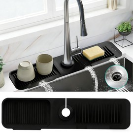 Luckissixs 24'' Longer Kitchen Faucet Mat, Silicone Sink Splash Guard Drying Mat with 5° Slope & Cuttable Hole, Fast Draining Catcher Tray Dish Soap Sponge Holder for Kitchen Sink (Black, 24"x 5.5")