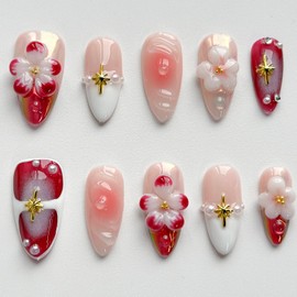 Luxury Press on Nails Medium Almond Handmade 3D Unique Reusable ABS Material Fake Nails Chrome French Tip False Nails with Designs Pink Flower Pearls Glossy Glue on Nail Thick Acrylic Nail(M)