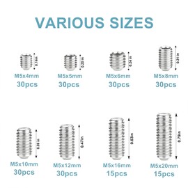 Zmbroll M5 Set Screws Silver Allen Head Socket Hex Grub Screw with Internal Hex Drive 210Pcs M5x4/5/6/8/10/12/16/20mm 304 Stainless Steel Headless Metric Hex Socket Head Cup Point Set Screw
