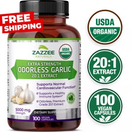 Extracto de ajo inodoro orgánico USDA 20:1, 5000 mg fuerza, 100 cápsulas veganas