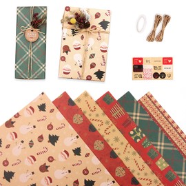 Wrapping Paper Set 50 x 70 cm/19.7 x 27.5 inches, 6 Sheets of Wrapping Paper Kraft Paper, 1 Double-Sided Ribbon, 10 m and 2 Kraft Paper Rope, Colourful Gift Paper Natural Birthday Paper with Stickers