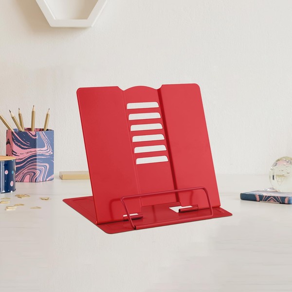 Mini Metal Book Stand Reading Book Holder Lightweight Cook Book Stands Portable Textbook Holders Adjustable Recipe Document Stand Tablet Music Book Stands&Holders(Red)