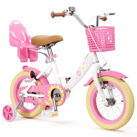 Glaf Toddler Girls Bike with Training Wheels for Age 2-9 Years Girls Bike for 12 14 16 Inch with Doll Seat and Basket Kids Bicycle with Adjustable Seat (Flower White, 14 inch)