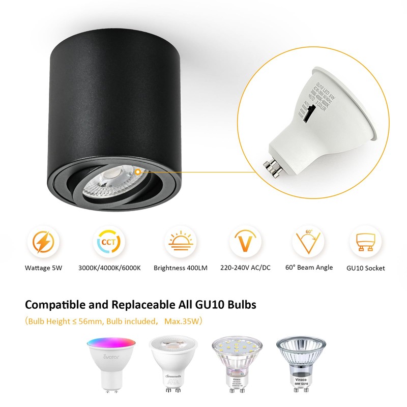 Gleonlux LED Ceiling Spotlight, Surface-Mounted Spotlight, Black, Dimmable, Swivelling with