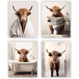 4 Pcs Bathroom Wall Art, Canvas Wall Art Bathroom Decor, Highland Cow Bath Room Pictures (8X10In) Unframed, Premium Quality Artwork, Rustic Farmhouse Cow Gift for Men Women for Toilet Bath Room