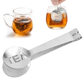 Tea Bag Squeezer Set: 2 Pcs Stainless Steel Tea Spoon for Loose Tea, Tea Bag Tongs & Holder, Strainer, Grip Clamp – Essential Tea Accessories for Tea Drinkers (Silver)