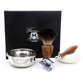 Set of 4 wooden shaving set for men grooming. The set includes pure black badger hair shaving brush, Gillette Fusion razor, bowl and free soap. Perfect as a gift this Christmas for