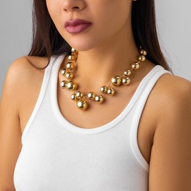 Chunky Gold Necklace for Women Big Silver Chunky Necklaces Chunky Statement Beaded Necklace Thick Bold Necklace Ball Choker Necklace (ball gold1)