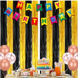 2 Pack Black and Gold Foil Fringe Curtains Photo Booth Prop Tinsel Streamer Backdrops Birthday Party Supplies Bachelorette Bridal Wedding Baby Shower Graduation Party Decorations 3.3 x 6.6 ft