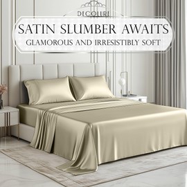 DECOLURE Satin Bed Sheets - 4 Piece Luxury Silky Twin Size Bedding Set - Softer Than Silk, Wrinkle-Free with 15” Deep Pocket Fitted Sheet, Perfect for Hair & Skin, Gifts for Women (Champagne)