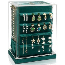 KAMIER Jewelry Box, 360° Rotating Jewelry Organizer with 6 Drawers,Large Jewelry Storage,Clear Window,Golden Handle,Vertical Jewelry Holder for Earrings Necklace,Gift for Women, Green