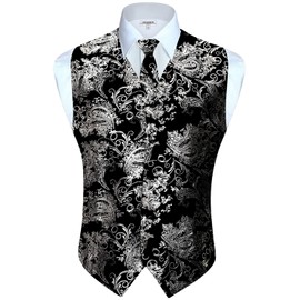 Gioberti Men's Formal 4pc Metallic Paisley Vest Necktie Bowtie and Pocket Square, Black Silver, X Large