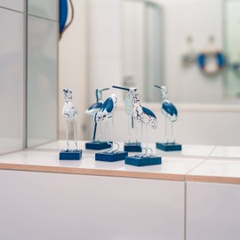 Flanacom Decorative Figures Set of 3 Wooden Herons Standing White Blue Maritime Bathroom Decoration Bird Beautiful Bathroom Accessories Decoration for Shelf, Sideboard, Windowsill