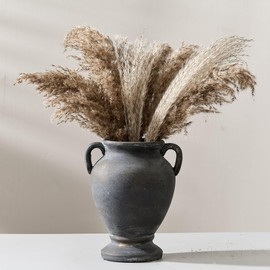 PORCER Ceramic Rustic Flower Vase with Handles, 8.36 Inch Tall Vintage Pottery Home Decor, Farmhouse Terracotta Vase for Living Room, Table, Shelf, Mantel Decoration, Farmhouse- Black