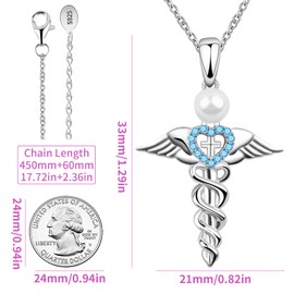 S925 Sterling Silver Caduceus Angel Nursing Themed Pendant Necklace Pearl Snake Angel Wings Birthday Necklace Heart Cross Nurse Necklace for Nurse Nursing School Students