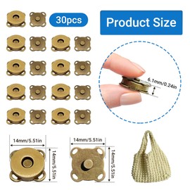 30 Sets Magnetic Snap Buttons,14mm Bronze Magnetic Button for Clothes, Bags, Purses,Sewing on Magnetic Snaps for Fabric DIY Craft