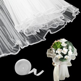 Cftone 4 Yards Pearl Edge Flower Wrapping Mesh Paper with 3/5 inch Organza Ribbon 50 Yard Gift Wrap Ribbon, Bouquet Transparent Mesh Wrapping Paper for Mother's Day Valentine's Day Wedding Graduation Birthday Gift (White with 50 Yard White Ribbon)