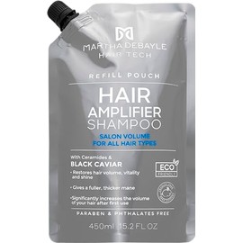 MARTHA DEBAYLE Shampoo REFILL POUCH HAIR AMPLIFIER. Máximo volumen, luminosidad y flexibilidad. Con ceramidas y caviar negro. Sin parabenos y ftalatos