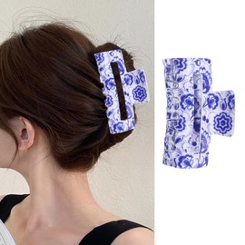 1 Pack Chinoiserie Porcelain Hair Claw Clip Strong Hold Hair Jaw Clamp Blue and White Porcelain Hair Clip Large Square Shaped Nonslip Hair Barrettes Fashion Hair Accessories for Thin & Thick Hair