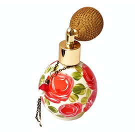 Beautiful Unique Romantic Decorative Glass Vintage Victorian Perfume Bottle Atomizer with Lustrous Crystal Pearls and Hand Painted Red Roses