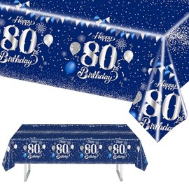 MORAINJAY Birthday Tablecloth for 80,Navy Blue Silver Table Cloth for 80th Birthday Party,137x274cm Table Cover,Rectangular Waterproof Tablecloth for Men,Women, Birthday Party Supplies Table Decor
