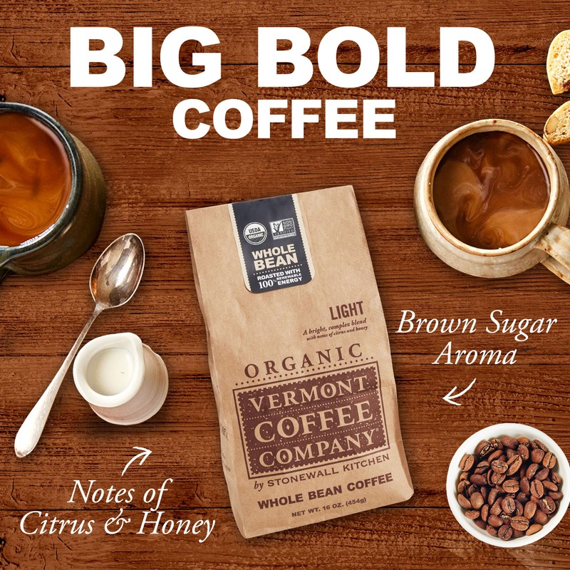 Vermont Coffee Company, Organic Light Roast Whole Bean Coffee, 16oz.,