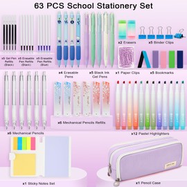 VICHOS Aesthetic Pencil Case with Stationery Included (63pcs Total), Pastel Highlighters| Mechanical Pencils| Gel Pens | Erasable Pens| More, 13-in-1 Back to School Stationery Supplies Set(Purple)