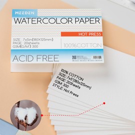 MEEDEN Watercolour Paper Pad, 100% Cotton Watercolour Paper Pad with 20 Sheets, 140lb/300gsm, Acid Free Art Paper for Watercolour, Gouache, Ink and More, 5" x 7" Hot Press