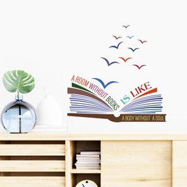 ADECALS Open Book Wall Sticker A Room Without Books is Like A Body Without A Souls Colorful Decor Reading Book Wall Art Removeable Quote Vinyl Decals (Book01-1)
