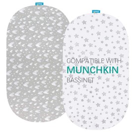 Bassinet Fitted Sheets Compatible with Munchkin Brica Fold N' Go Travel Bassinet, 2 Pack, 100% Jersey Knit Cotton Fitted Sheets, Breathable and Heavenly Soft，Grey Hearts and White Stars Print for Baby