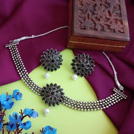 Efulgenz Oxidized Choker Necklace Earrings Set Indian Jewelry Sets for Women Black Indian Oxidized Jewelry Antique Boho Necklace Crystal Floral Earrings Set Bohemian Statement Jewelry for Women