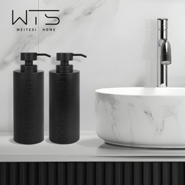 Large Soap Dispenser for Bathroom, Matte Black Resin 2 Pcs Body Wash and Shampoo Dispenser Set, Modern Luxurious Refillable Pump Bottle with Embossed Text, Liquid Dispenser Easy-to-Press
