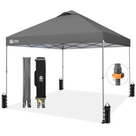 CROWN SHADES Adjustable Height on The Fly, 10x10 Pop Up Canopy - Beach Tent with One Push Setup - Easy Outdoor Sun Shade for Events, Parties, Camping - Outside Shade with STO-N-Go Bag, Grey