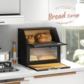 STDDRE Bamboo Bread Box with Cutting Board, Double Layer Extra Large Bread Storage Bin with Door Panel for Kitchen Counter (Black)