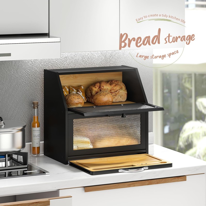 STDDRE Bamboo Bread Box with Cutting Board, Double Layer Extra