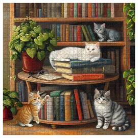 PICKFORU Cat Puzzles for Adults 1000 Pieces, Vintage Library Book Puzzle Cat Bookshelf, Difficult Challenging Kitten Jigsaw Puzzle as Home Decor
