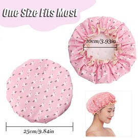 Shower Cap Elastic Band Double Layer Waterproof Bath Caps Reusable Shower Hat with Ruffles Covering Ears for Women Girls Shower Spa Salon (Pink bird)