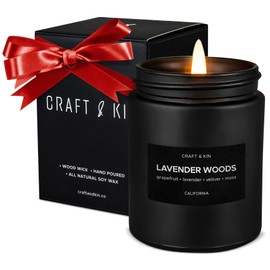 Craft & Kin Premium Lavender Woods Candle | Black Christmas Scented Candles for Men | Long Lasting with 45 Hour Burn Time, 7.6oz | Soy Holiday Candle | Aromatherapy at Home | Gifts for Men