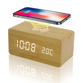 Buachois Wooden Digital Alarm Clock, Alarm Clock with Wireless Charging 3 Alarms LED Display Sound Control Electronic LED Time Display for Office Families Home Bedroom