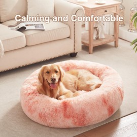 BedStill 36 inches Donut Dog Bed for Large Dogs - Calming Fluffy Round Pet Bed with Removable & Washable Cover,Fits up to 100 lbs Pets (Tie-dye Pink,Large)