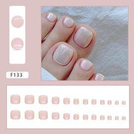 Aurora Pink Press on Toes Nails Shiny Fake Toenails Short Square False Toes nails Reusable Stick on Toenails Acrylic Toes Nails for Women Girls Summer Manicure 24pcs